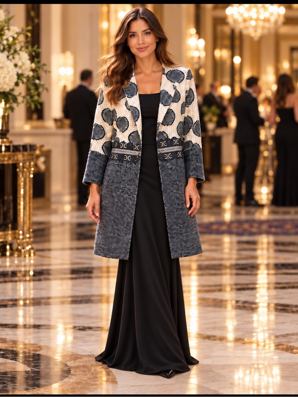 Elegant Cream & Black Patterned Longline Blazer